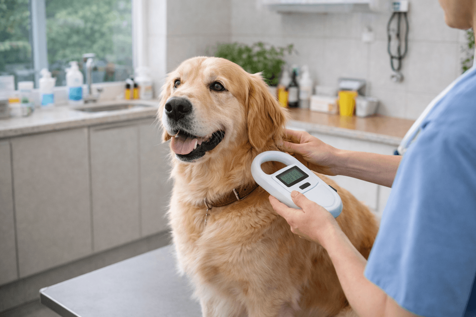 Golden retriever die gechipt wordt bij de dierenarts.