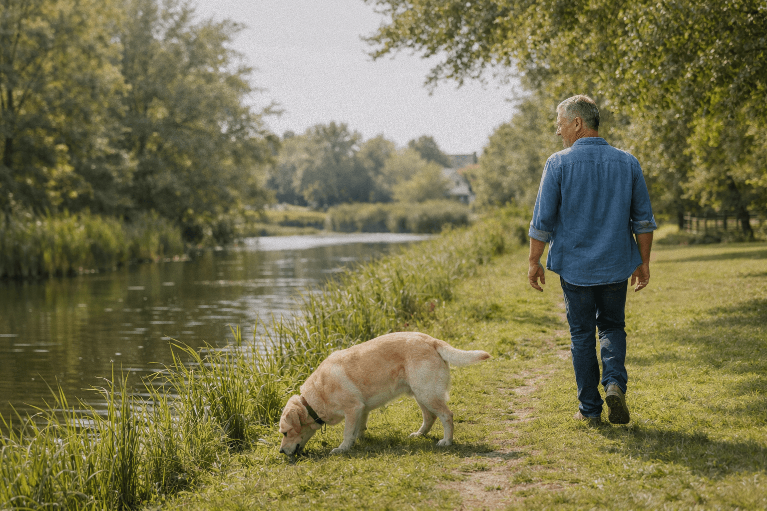 Man wandelt met hond langs rivier.
