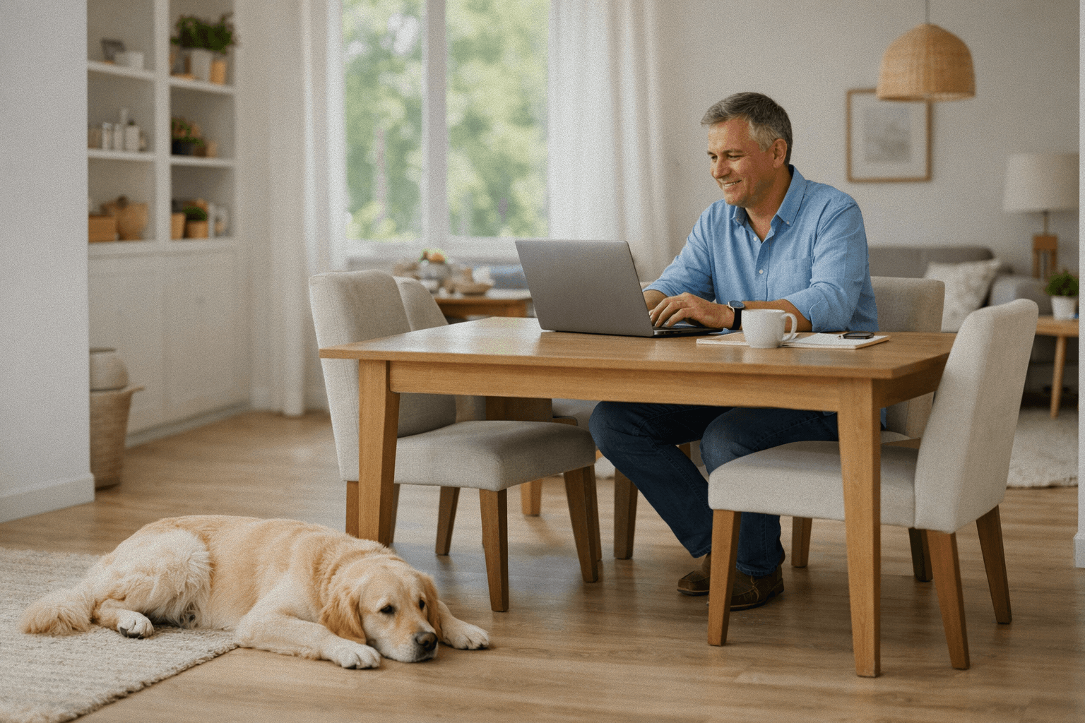 Man werkt op laptop met hond erbij